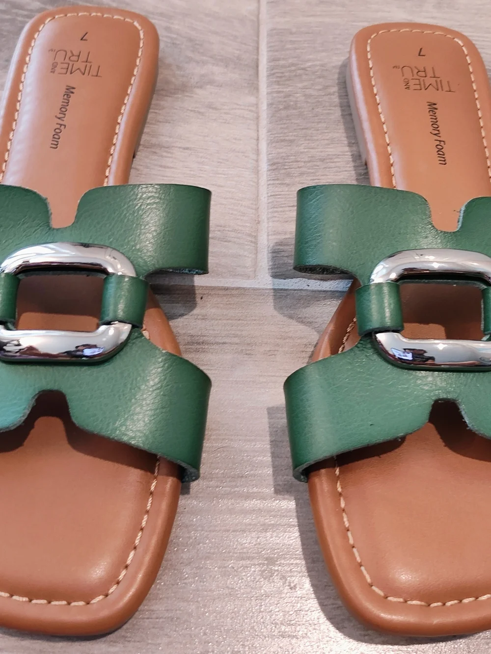 Time and Tru Green Slide Sandals with Silver Buckle Accent
